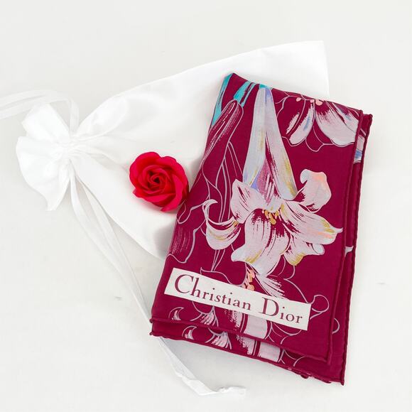 DIOR Vintage Floral Hawaiian Silk Scarf Burgundy Blue - Picture 8 of 8